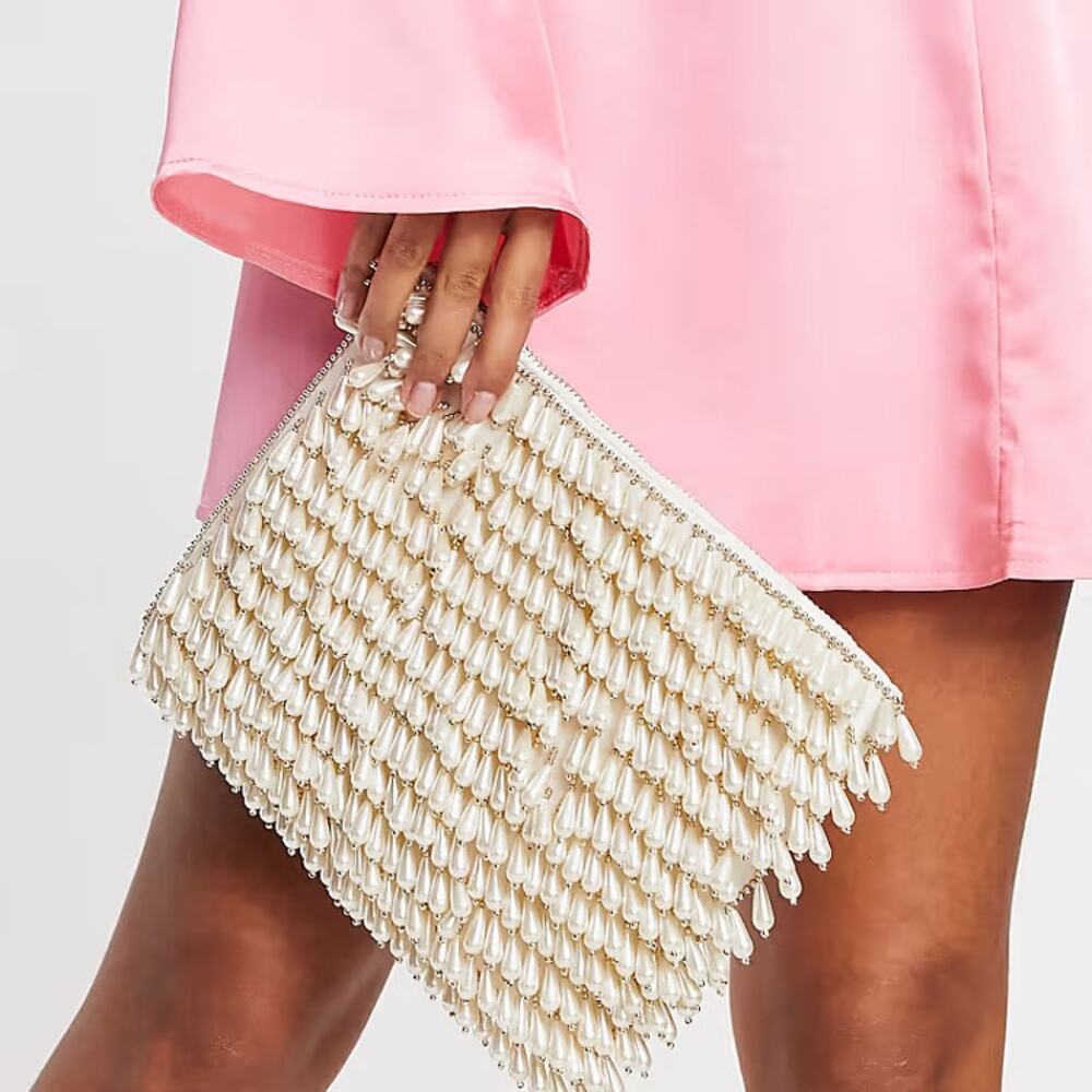 NWT Lulus Zip Top Clutch Bag Tear Drop Pearls in cream w/Gold Crossbody Chain